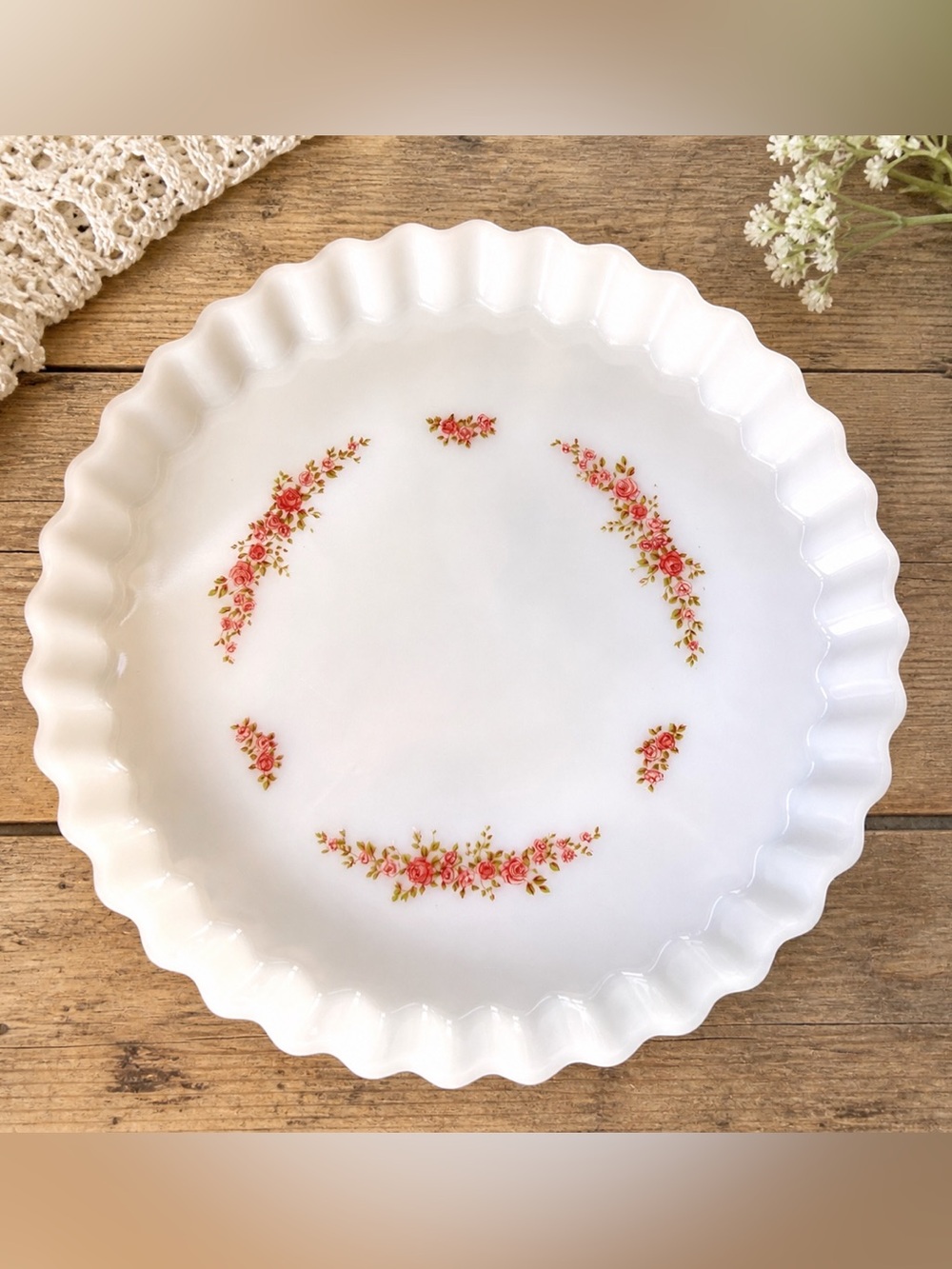 Vintage Arcopal France Scalloped Pie Plate | French Milk Glass Floral | Cottage